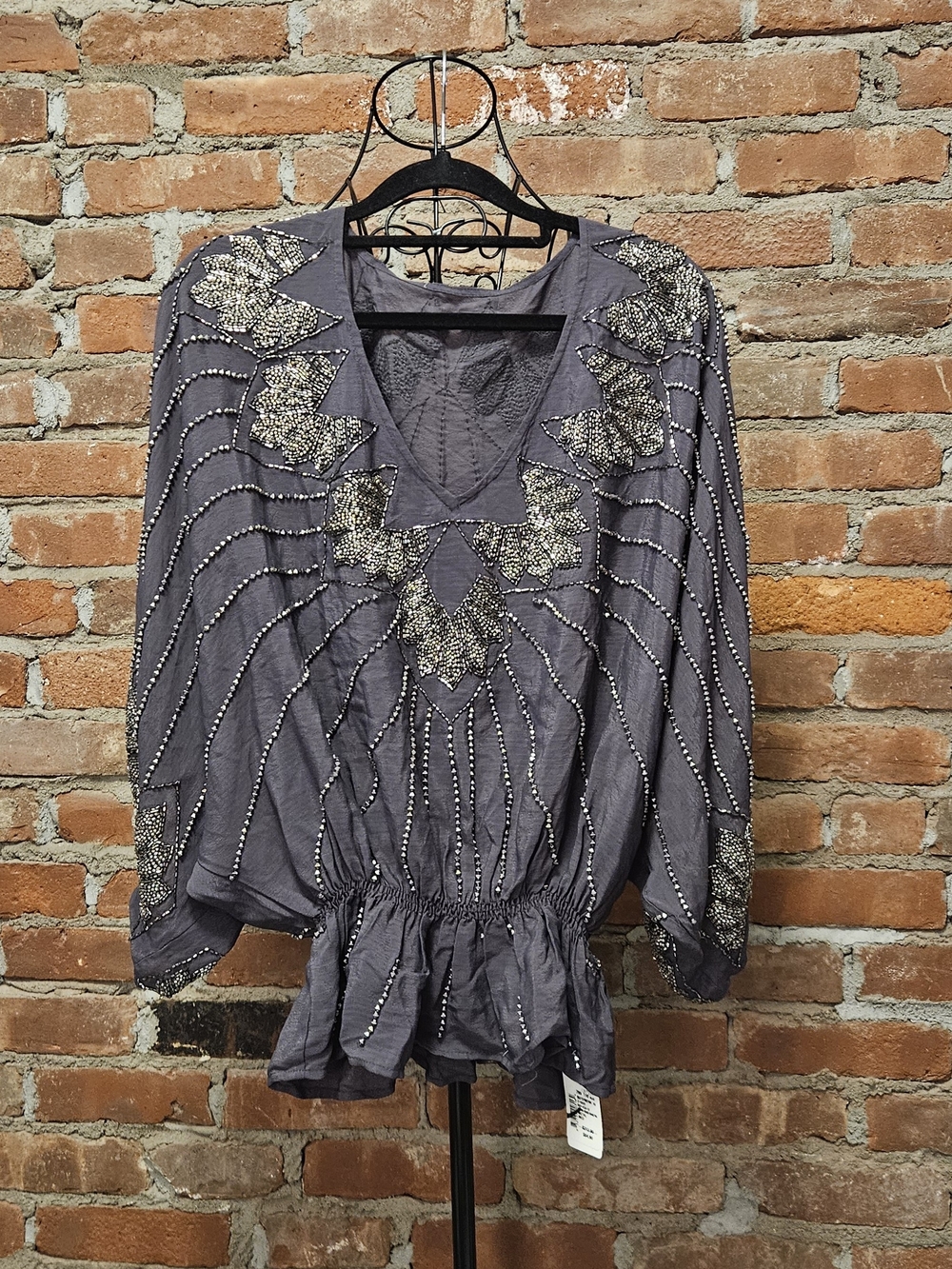 Beaded Butterfly Embellished Women's Peasant Top With Peplum Waist - Brown NWT